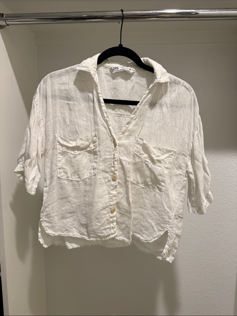 Zara White Cropped Linen-Blend Button Down Shirt